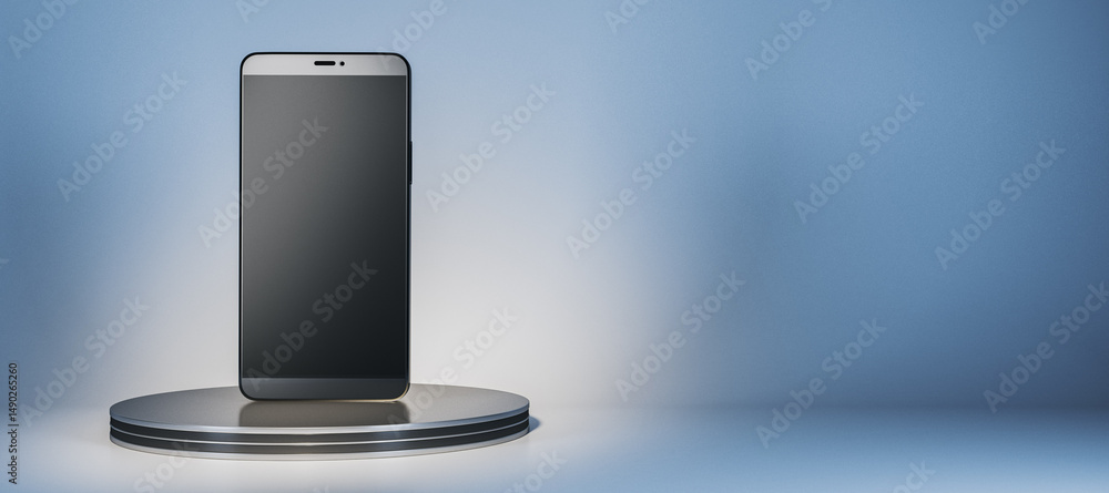 Poster Smartphone mockup standing on round pedestal with blank screen for design template on gradient blue background under soft lighting. 3D Rendering