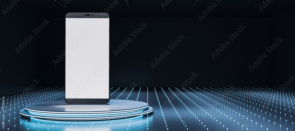Poster smartphone mockup with blank screen on futuristic pedestal platform in dark tech room with glowing b