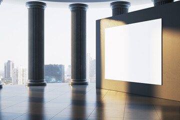 Blank white mockup board in classical interior with city view through tall columns and warm sunlight casting shadows on reflective floor tiles. 3D Rendering