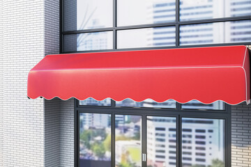 Naklejka premium Red store awning over glass doors on modern building exterior with city reflection, perfect for shop branding or business presentation template. 3D Rendering