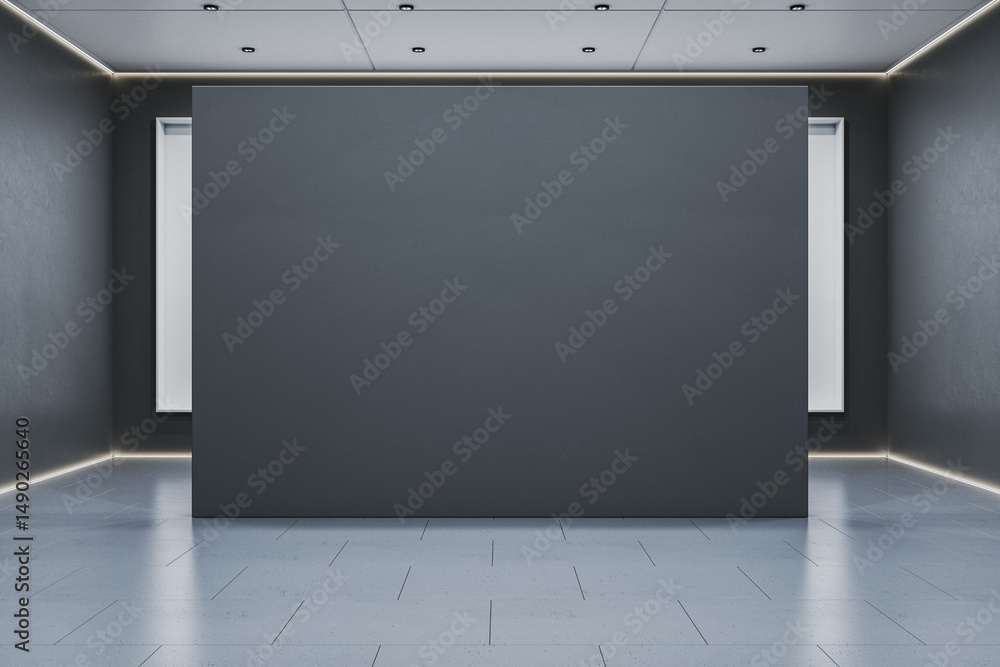 Poster empty dark wall mockup in modern minimalist room with clean tiled floor and ceiling spotlights for b