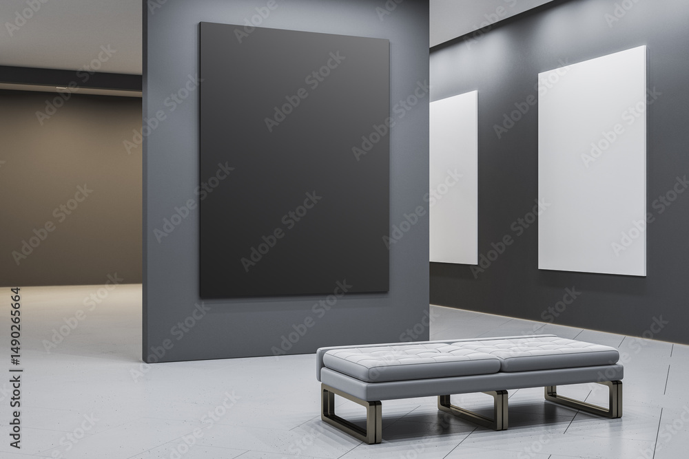 Leinwandbilder Modern art gallery interior with blank canvas mockups on dark walls and bench in foreground for branding or design presentation concept. 3D Rendering