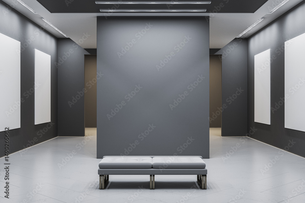 Poster Modern gallery interior with blank canvas mockups on dark walls and minimal white bench in clean empty space under ceiling lights. 3D Rendering