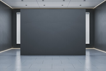 Empty dark wall mockup in modern minimalist room with clean tiled floor and ceiling spotlights for branding or design presentation template. 3D Rendering