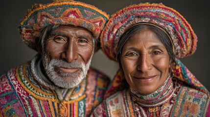 Fototapeta premium Portrait of Peruvian Quechua couple in traditional Andean clothing, hats