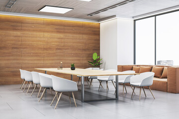 Modern conference room interior with wooden wall paneling, large wooden desk, white chairs, and floor-to-ceiling windows in corporate office setting. 3D Rendering