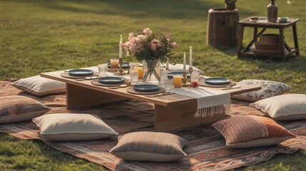Boho-Style Picnic Scene with Cushions and Low Table
