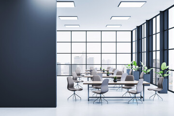 Modern empty office space with clean design and large windows overlooking cityscape, ideal for corporate branding or interior mockup template. 3D Rendering