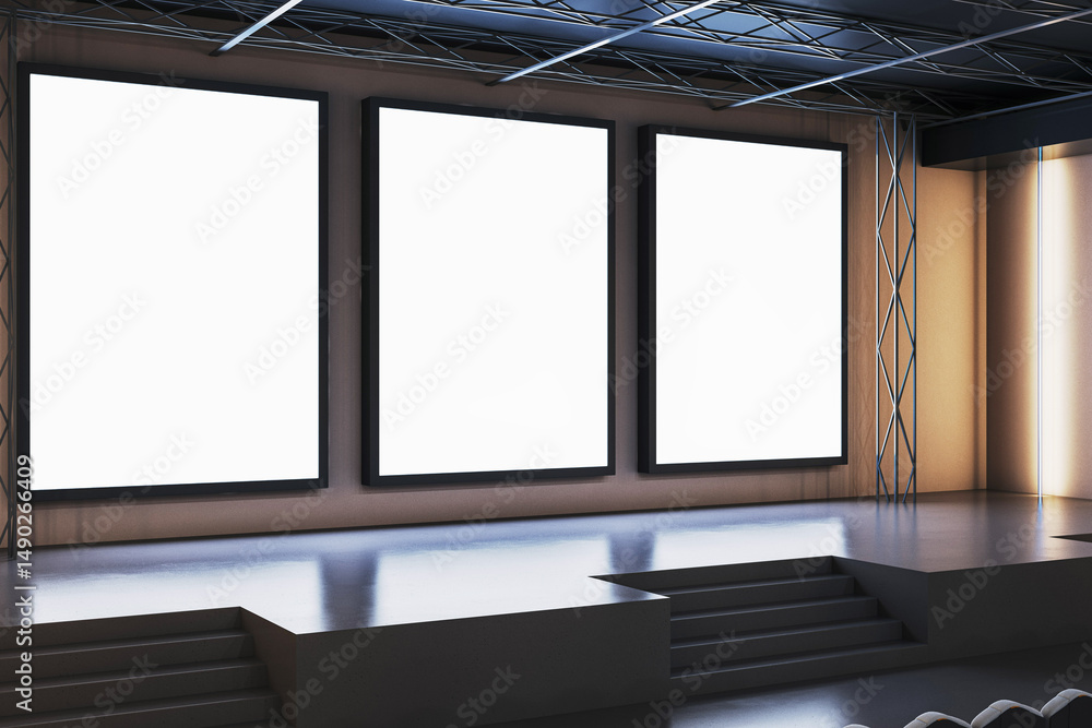 Aufkleber Modern conference stage with three large blank screens on wall in empty indoor hall for business presentation or digital display mockup scene. 3D Rendering