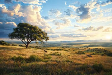 Fototapeta premium Grazing animals in serene landscape under dramatic clouds african savanna nature scene evening light