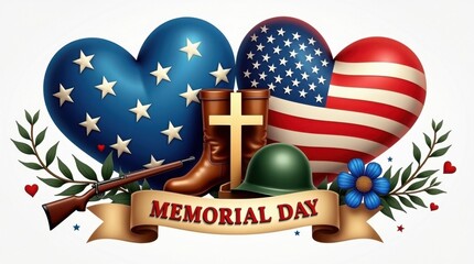 Memorial Day illustration featuring patriotic hearts with USA flag motifs, military boots, helmet, rifle, golden cross, and American flag in a tribute to fallen soldiers on a white background.