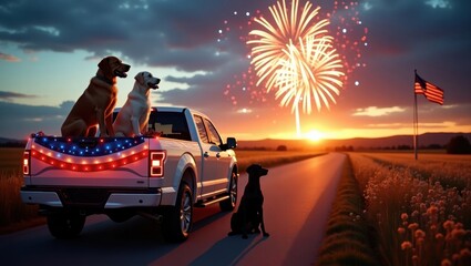 Four dogs watching fireworks from a pickup truck decorated with patriotic bunting during the 4th of July at sunset on a rural road with the American flag waving