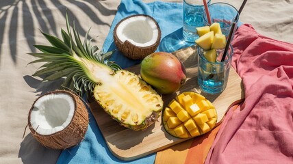 Outdoor Picnic with Tropical Fruits and Woven Textiles