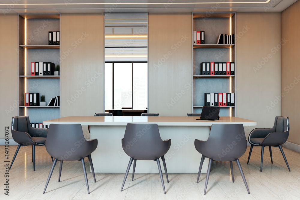 Poster modern minimalist office meeting room with sleek furniture, clean design, and built-in shelves fille