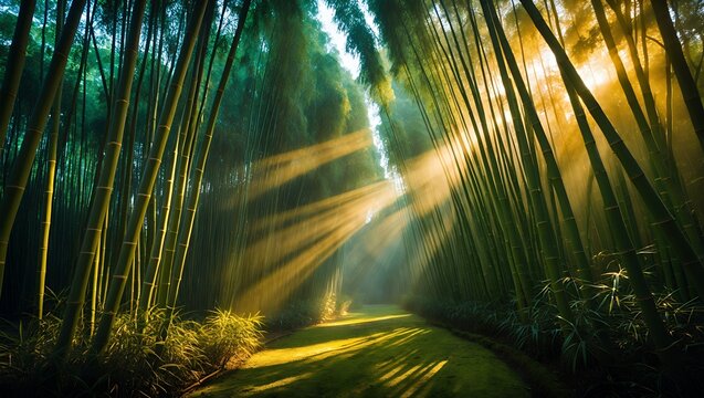 Bamboo forest with sunlight beams, scenic pathway - Powered by Adobe