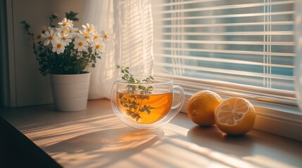 Warm sunlight tea and lemons on windowsill