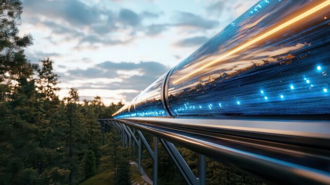 Hyperloop technology futuristic transport system forested landscape 3d render evening light aerial perspective