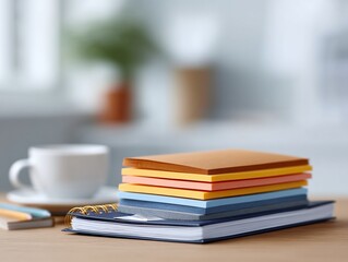 Fototapeta premium A stack of colorful notepads atop a spiral notebook rests on a wooden desk, signifying organization and creativity.