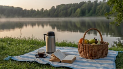 Picnic by Lake with Blanket, Books and Coffee