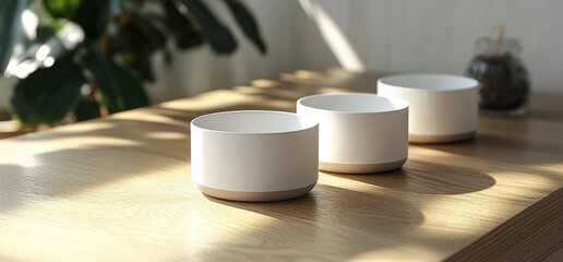 White ceramic bowls on wooden table