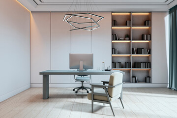 Modern minimalist home office interior with sleek furniture, stylish lighting and bookshelf decor in a softly lit professional workspace. 3D Rendering