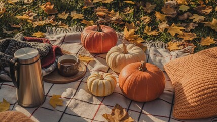 Autumn Picnic Scene with Warm Tones and Hot Tea