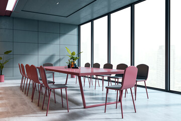 Modern corporate conference room with pink table and chairs, large windows with city view, and minimalist interior design concept. 3D Rendering