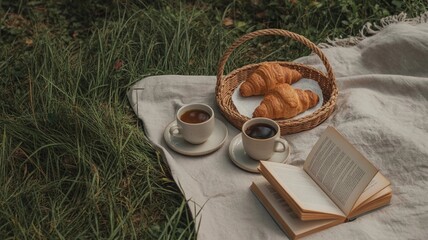 Outdoor Picnic Breakfast with Croissants and Coffee