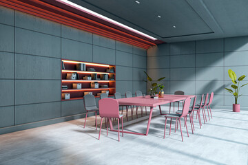 Modern conference room with pink chairs, sleek table, wall shelving, and plants under natural light in a contemporary interior design style. 3D Rendering