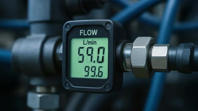 Hydraulic flow meter digital display measuring liquid flow rate mechanism in industrial piping system with metal fittings and blue hoses