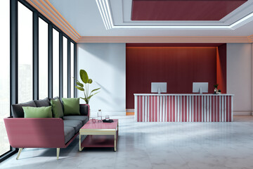 Modern office reception interior with striped counter, seating area, and large windows in a bright and elegant commercial building space. 3D Rendering