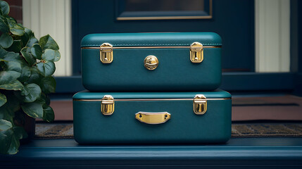 Stacked turquoise storage trunks with golden clasps on a doorstep adding a sense of luxury