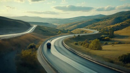 A bus travels along a winding highway surrounded by rolling hills and vibrant autumn foliage in a rural area during daylight