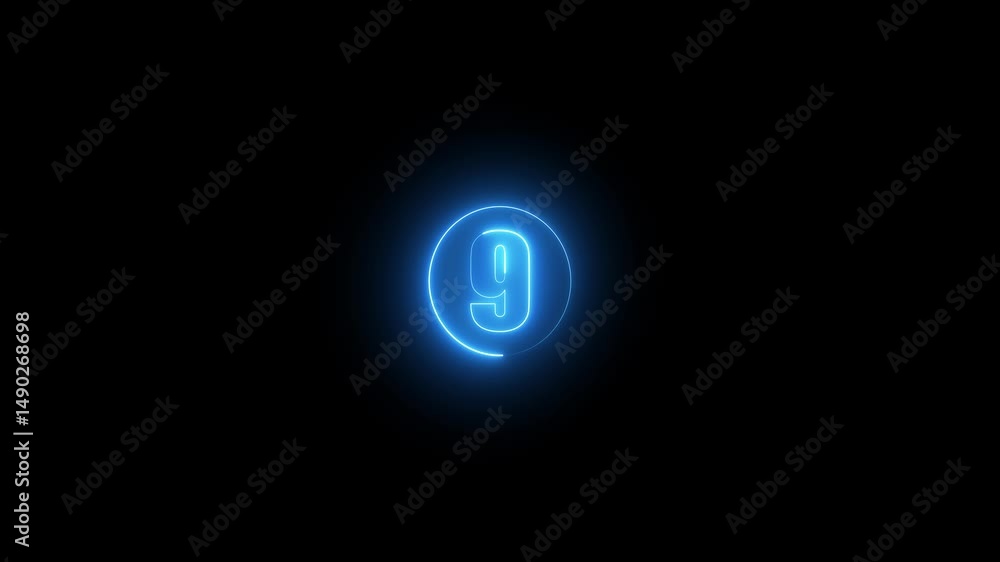 Aufkleber glowing neon text 9 number icon. digital text nine number, a circle with a neon icon on a black back