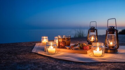 Picnic with Lanterns and Candles at Twilight