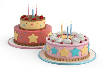 Colorful Birthday Cakes with Candles and Star Decorations for Celebration