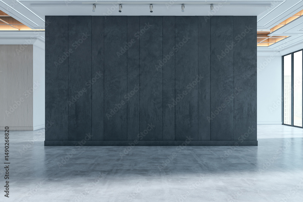 Leinwandbilder Empty dark wall in modern gallery space with spotlights and clean concrete floor for design mockup or branding template background use. 3D Rendering
