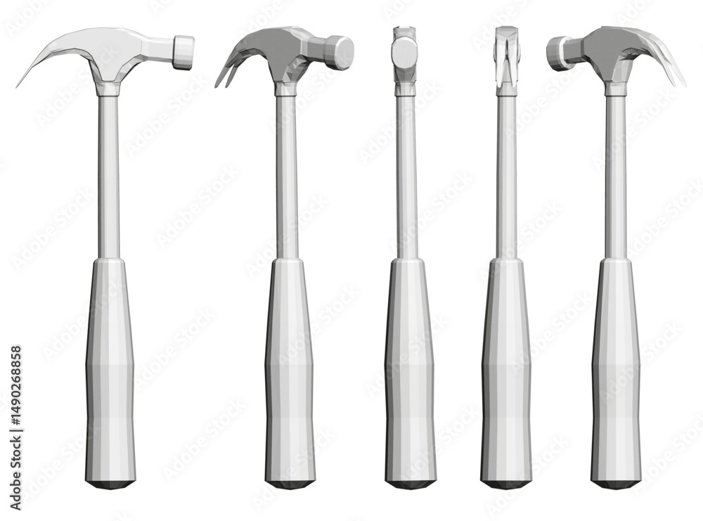 Poster a set of four hammers are shown in a row, each with a different handle. the hammers are all white an