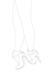 A pair of high heels with a bow on the side. The shoes are white and the legs are drawn in black