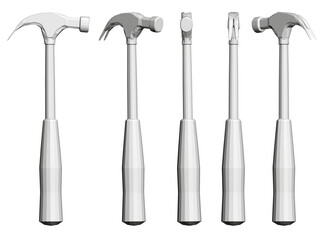 A set of four hammers are shown in a row, each with a different handle. The hammers are all white and appear to be made of plastic. Concept of precision and uniformity