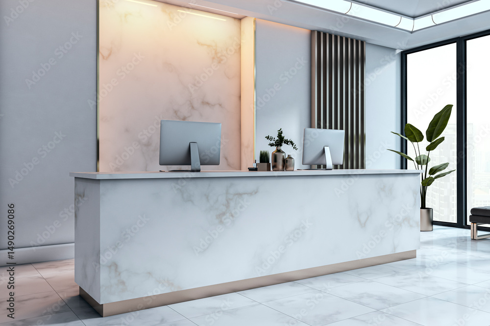 Poster Modern marble reception desk mockup with blank computer screens in minimal office interior for branding and design presentation template space. 3D Rendering