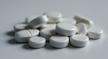 Close-up View of a Pile of White Tablets or Pills on a Neutral Background