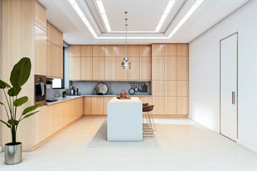 Modern minimalist kitchen interior with light wood cabinets, central island, and sleek lighting in contemporary luxury home setting. 3D Rendering