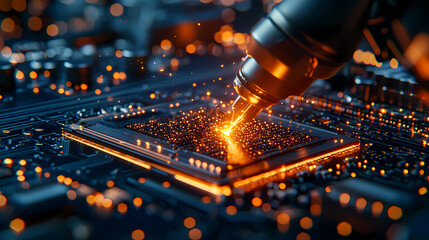 A robotic arm precisely assembles a glowing microchip on a circuit board, highlighting advanced semiconductor technology.