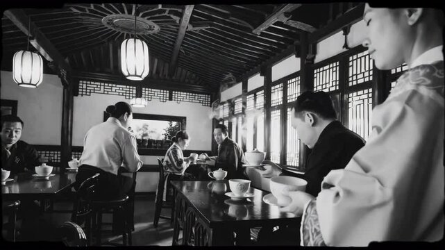 Traditional chinese tea ceremony montage in black and white