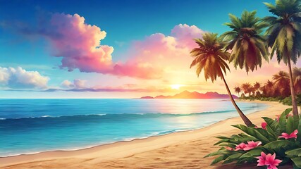 Obraz premium Tropical beach sunset with palm trees and vibrant sky over the turquoise ocean waves
