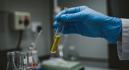 Closeup of Scientist's Hand Holding a Test Tube with Yellow Liquid in a Modern Laboratory Setting