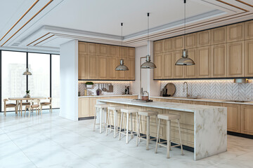 Modern minimalist kitchen interior with marble island, wooden cabinets, and pendant lights in bright open space with city view background. 3D Rendering