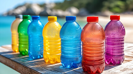 Vibrant hydration: A rainbow of water bottles against a serene coastal backdrop
