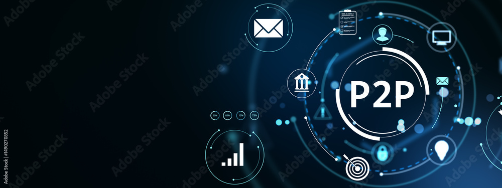 Poster P2P financial services concept with fintech and blockchain icons on futuristic glowing digital background illustrating peer to peer transaction system. 3D Rendering